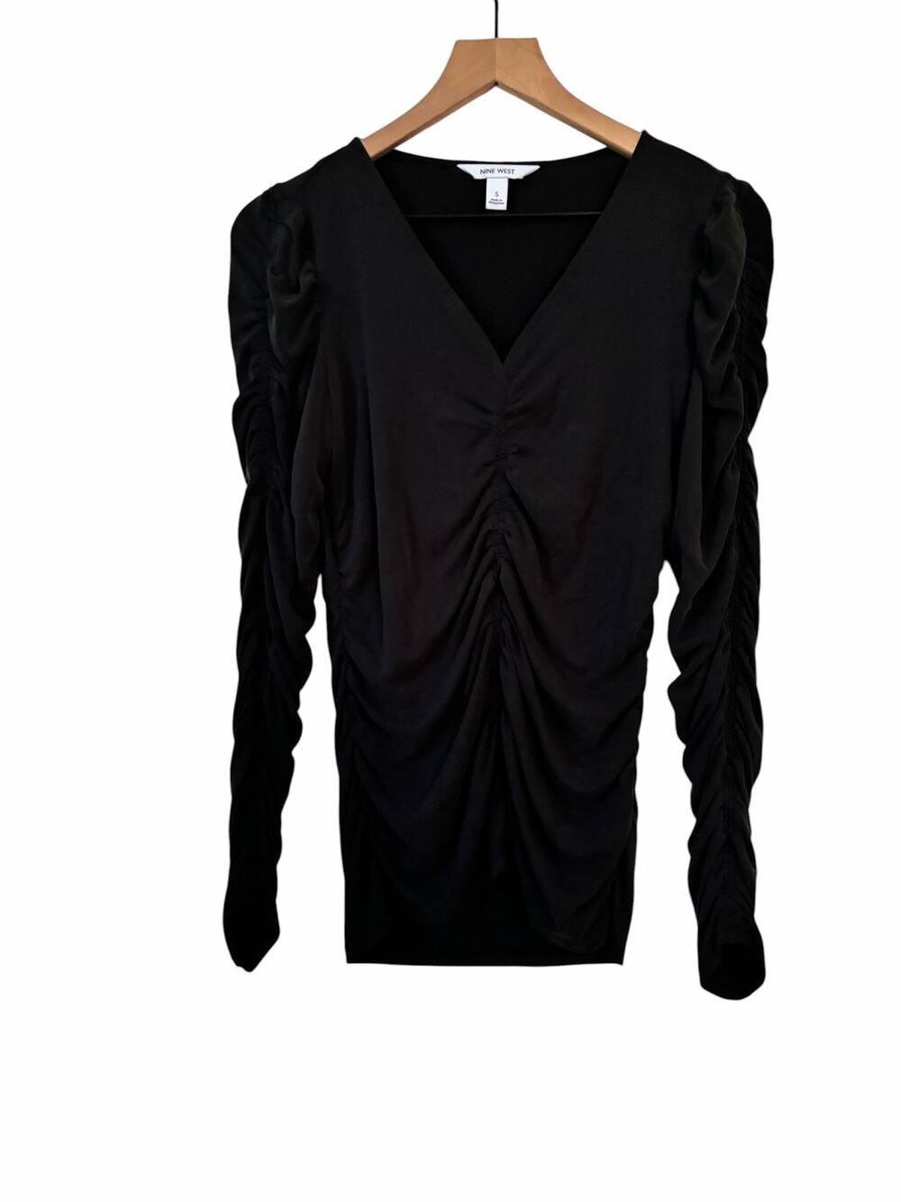 Nine West Ruched Long Sleeve V Neck Black Whimsygoth Blouse Size Small